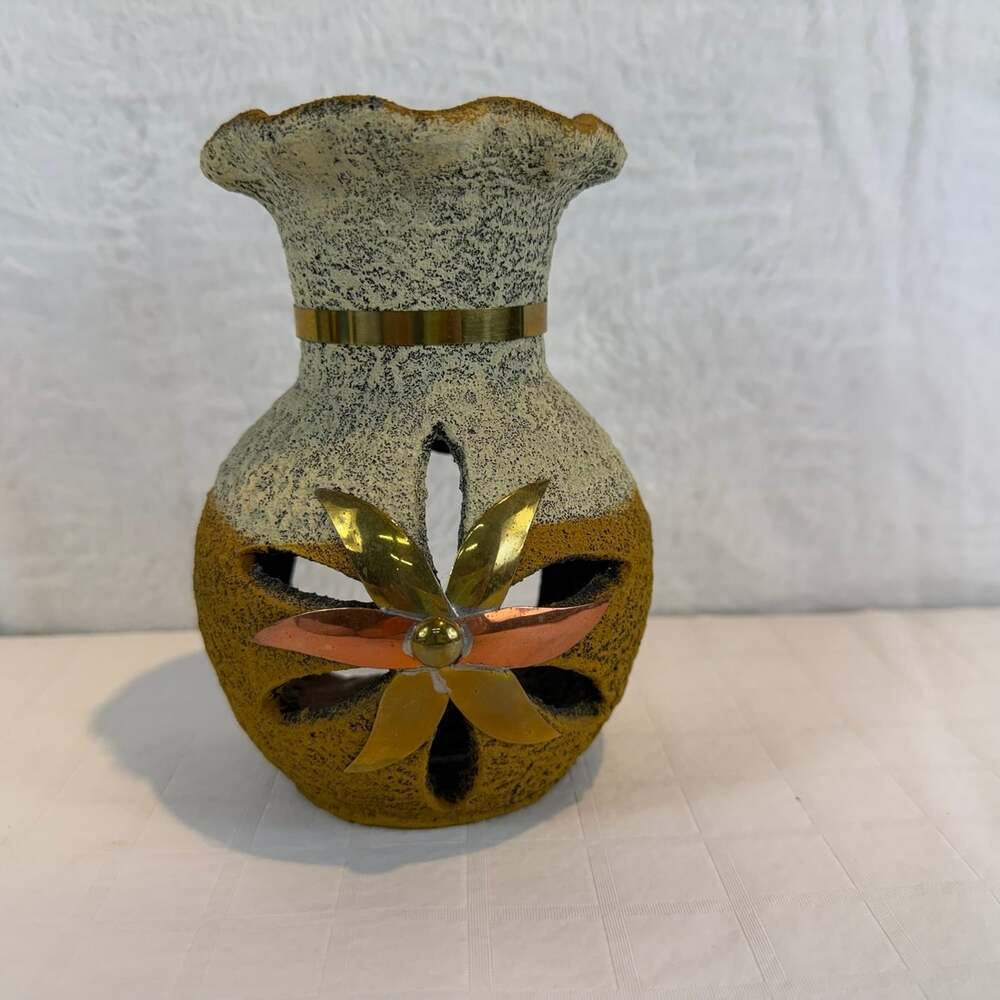 mini clay chiminea candle holder textured two-tone finish w/ metallic details
